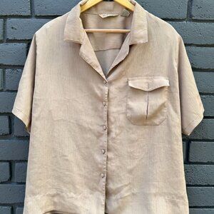 VTG 80 Hill Archer Crinkle Crepe satin Button up Blouse Tunic Cottage Boho 24W